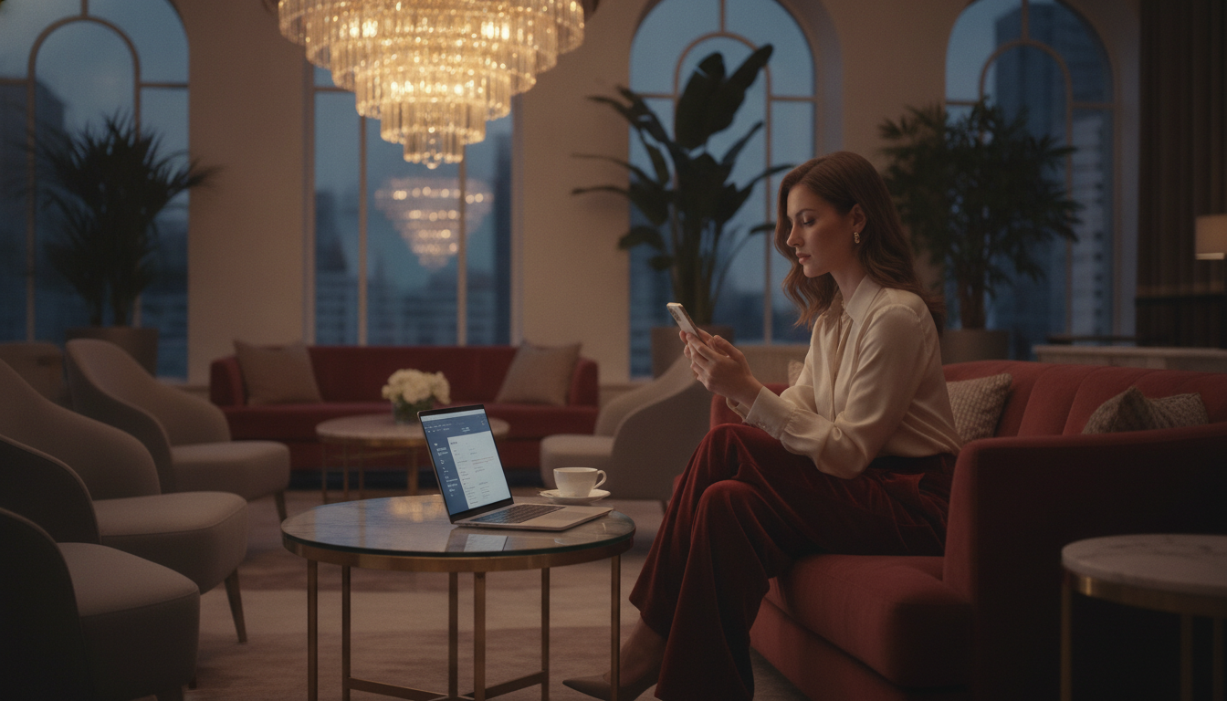 Frau prüft diskret Dating-Plattform auf Smartphone in luxuriöser Hotellounge