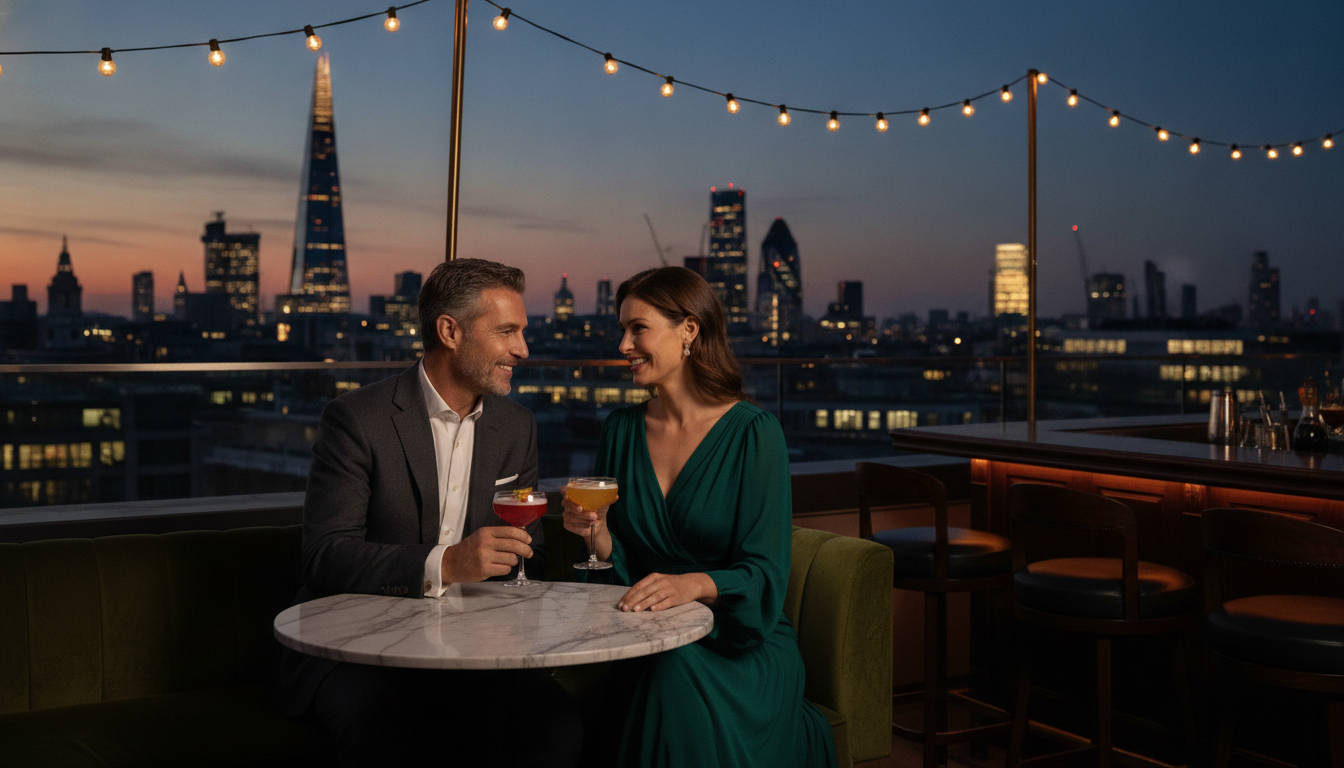 Paar unterhält sich bei Cocktails auf Dachterrasse mit Blick auf London Skyline