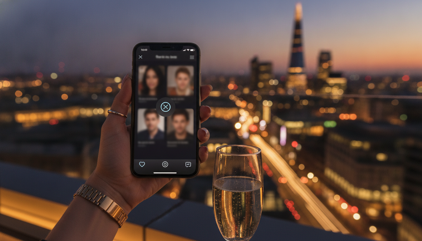 Smartphone met datingapp op luxe rooftop bar als alternatief voor matchmaker