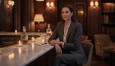 Stilvolle Frau sitzt allein an edler Marmorbar in einem Londoner Members Club