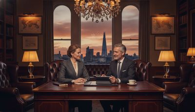 Vrouw bespreekt matchmaking kosten met consulente in luxe Londens kantoor
